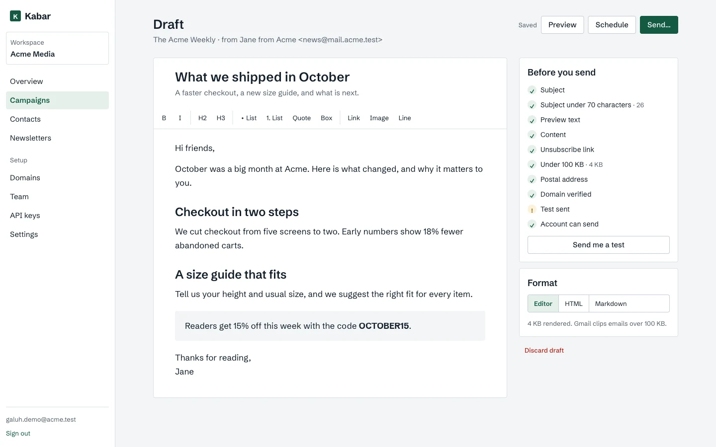 The Kabar editor with an issue open, the before-you-send checklist on the right
